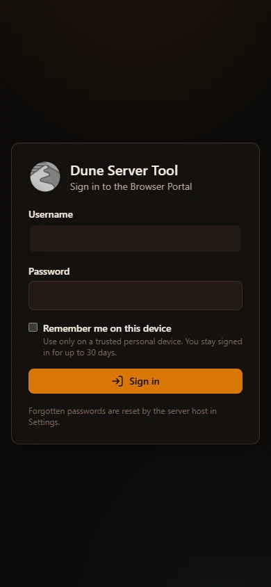 DST Browser Portal sign-in form on a phone-sized screen with empty account fields and a remember-me option