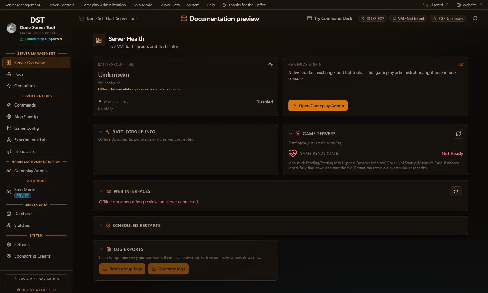 v15 Classic Server Health dashboard with the updated sidebar and Try Command Deck control, showing a not-configured VM